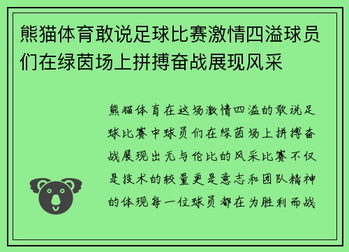 熊猫体育敢说足球比赛激情四溢球员们在绿茵场上拼搏奋战展现风采