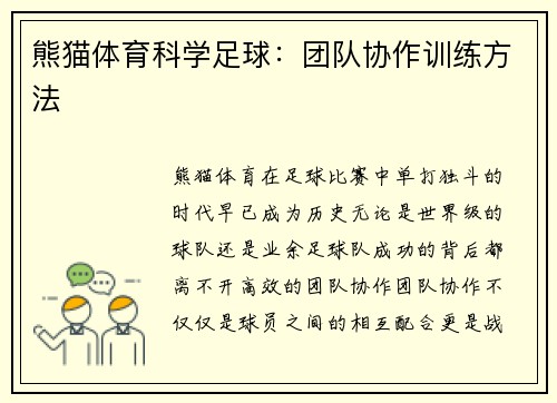 熊猫体育科学足球：团队协作训练方法