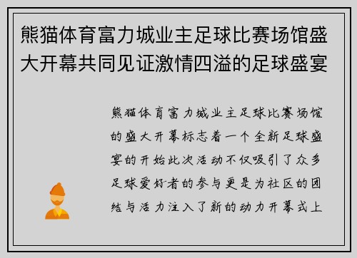 熊猫体育富力城业主足球比赛场馆盛大开幕共同见证激情四溢的足球盛宴