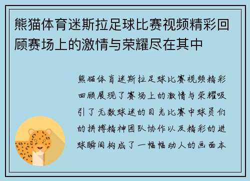 熊猫体育迷斯拉足球比赛视频精彩回顾赛场上的激情与荣耀尽在其中