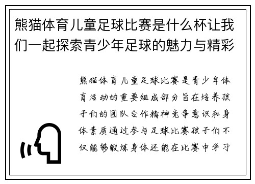 熊猫体育儿童足球比赛是什么杯让我们一起探索青少年足球的魅力与精彩