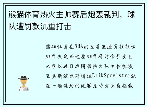 熊猫体育热火主帅赛后炮轰裁判，球队遭罚款沉重打击