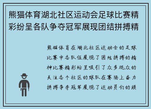 熊猫体育湖北社区运动会足球比赛精彩纷呈各队争夺冠军展现团结拼搏精神
