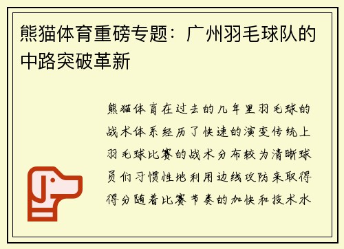 熊猫体育重磅专题：广州羽毛球队的中路突破革新