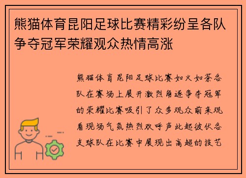 熊猫体育昆阳足球比赛精彩纷呈各队争夺冠军荣耀观众热情高涨