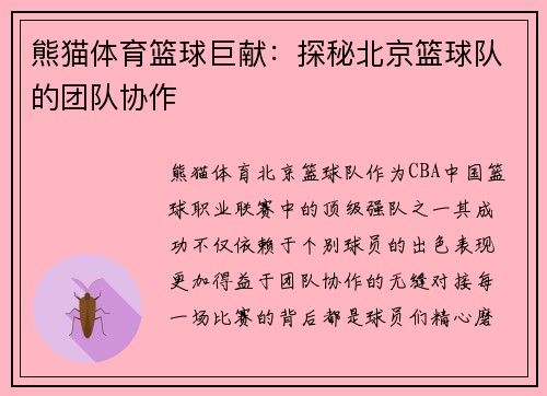 熊猫体育篮球巨献：探秘北京篮球队的团队协作