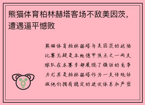 熊猫体育柏林赫塔客场不敌美因茨，遭遇逼平憾败