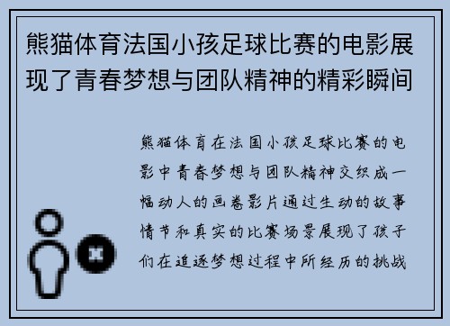 熊猫体育法国小孩足球比赛的电影展现了青春梦想与团队精神的精彩瞬间
