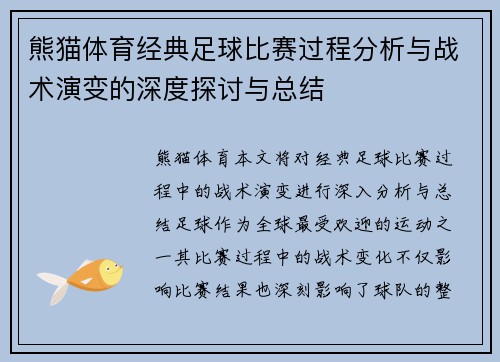 熊猫体育经典足球比赛过程分析与战术演变的深度探讨与总结