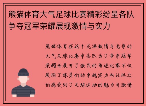 熊猫体育大气足球比赛精彩纷呈各队争夺冠军荣耀展现激情与实力
